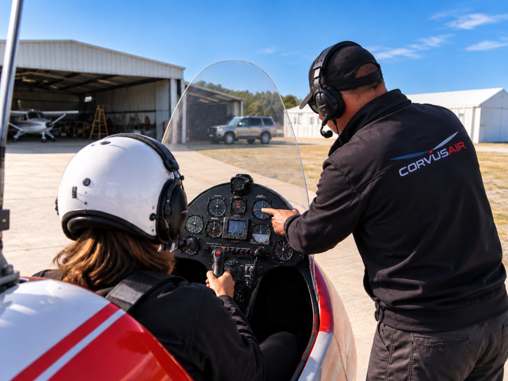 Instructor de Corvus Air impartiendo una clase de pilotaje de autogiro en un aeródromo de Asturias.